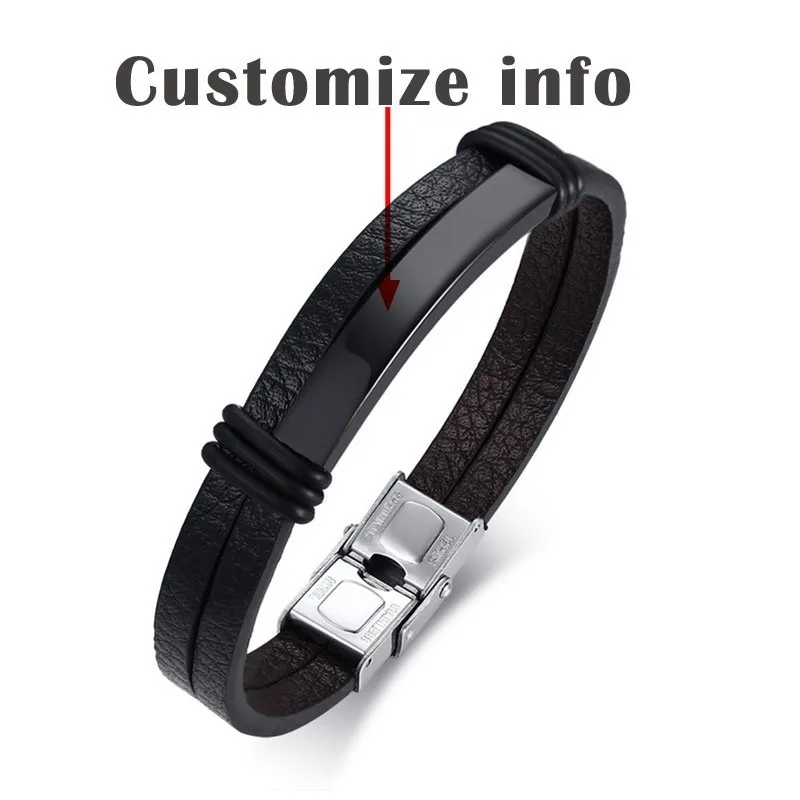 Customize Black Vnox мужские черные кожаные браслеты, персонализированная гравировка, настраиваемая информация, pulsera masculina 8,07" - Окраска металла: Customize Black