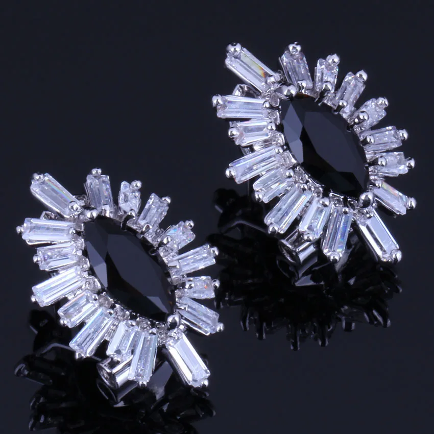 

Gorgeous Marquise Black Cubic Zirconia White CZ Silver Plated Clip Hoop Huggie Earrings V0895