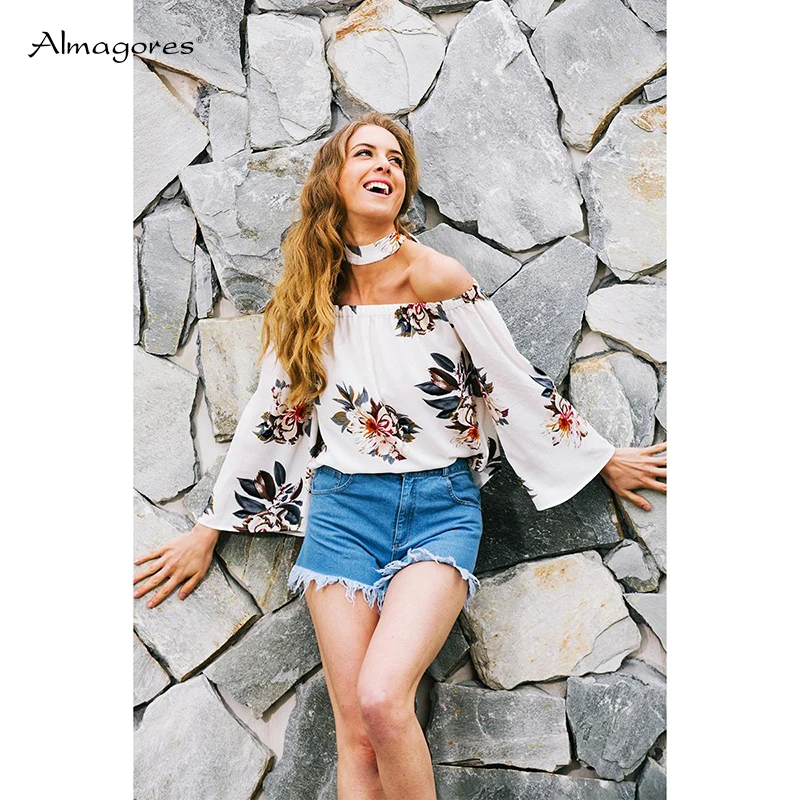 Almagores со спущенными плечами женская одежда Boho Цветочный принт лето Flare рукавом