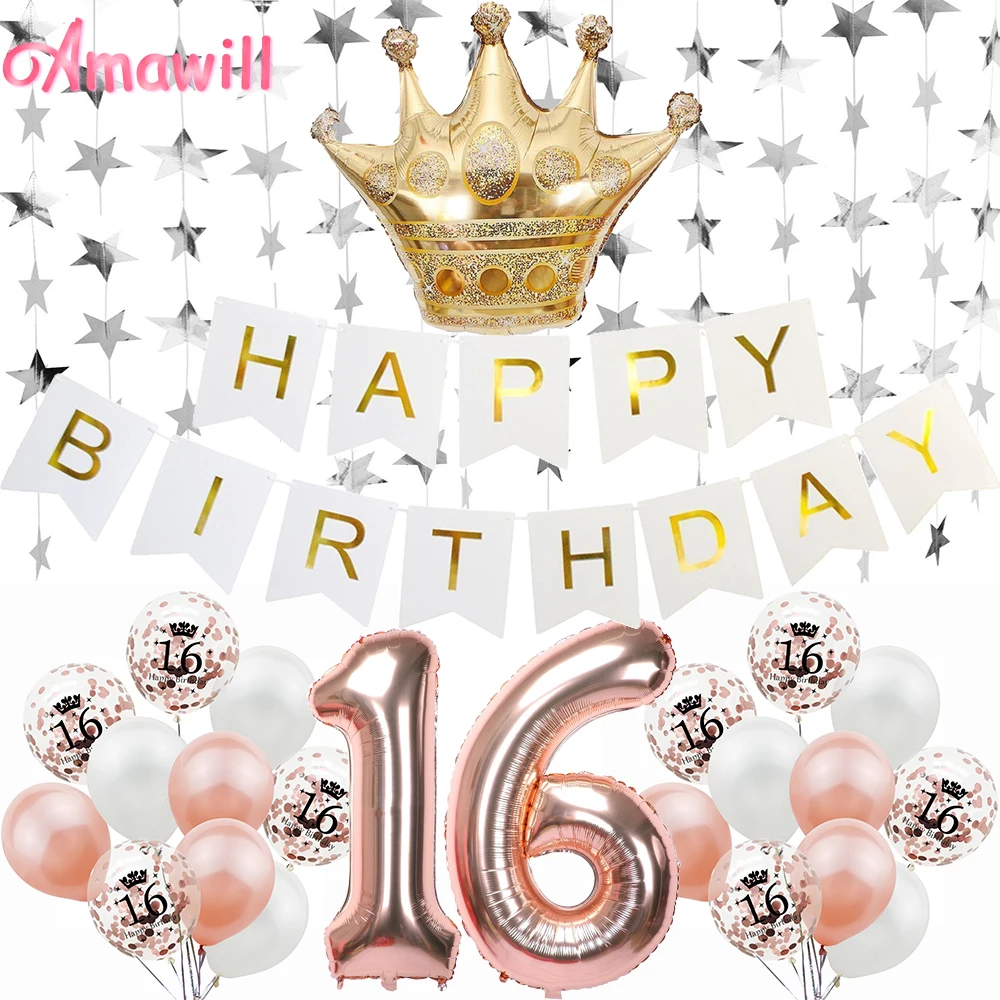 

Amawill Rose Gold 16 Years Old Party Decorations Silver Star Garland Crown Balloon Adult 16th Birthday Party Decorations 75D