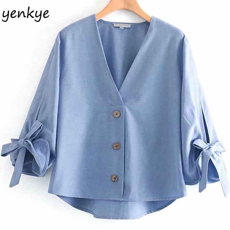 Modis 2019 Для женщин пуговицы спереди Винтаж одноцветное Цвет Летняя Блузка Леди