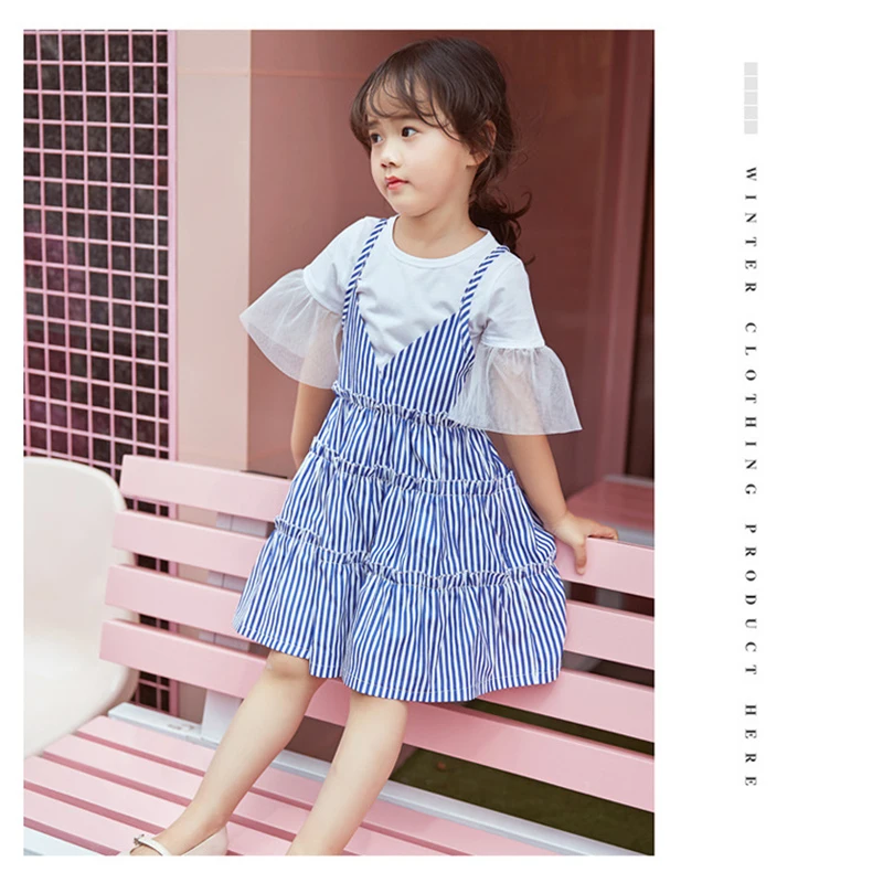 2017 летние новые дети хлопка с коротким рукавом футболки + полосатый dress из двух