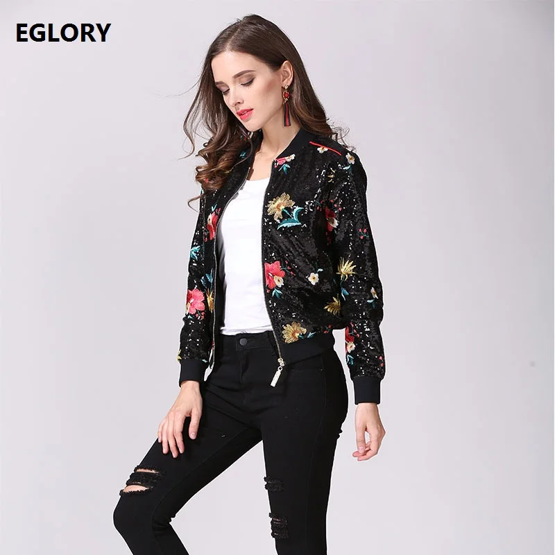 Повседневная куртка Новый осень 2017 г. стильная женщина блестками цветочный