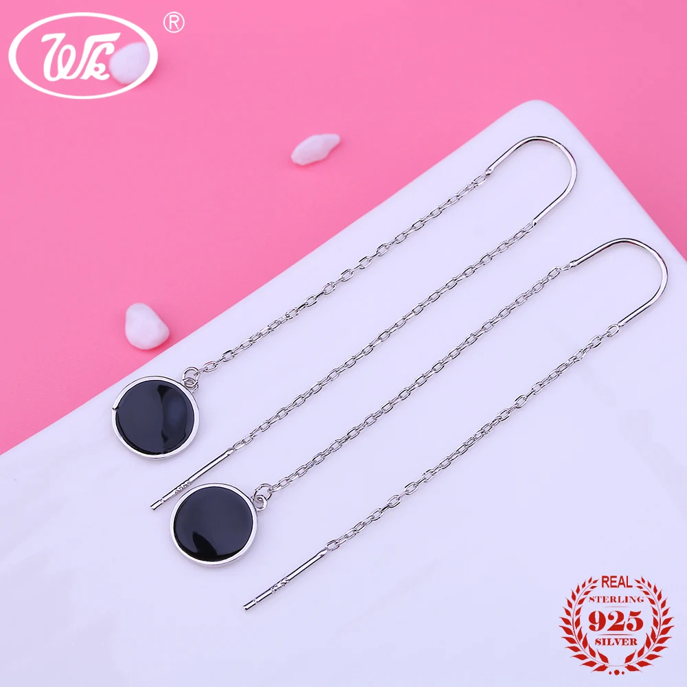 WK 925 Sterling Silver Long Black Round Drop Earrings For Women Girls Ladies Charm Ethnic Simple Earring Chain Wholesale EB015 | Украшения