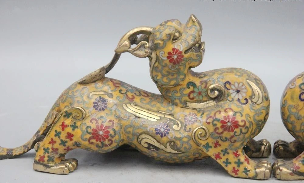 Китайская королевская Бронза Медь cloisonne эмаль Foo собака статуэтка единорога