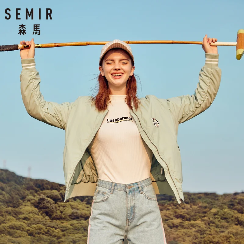 SEMIR Женская вышитая бейсбольная куртка на молнии с драпированными рукавами Спортивная куртка с карманом с контрастной отделкой ребристые манжеты и подол
