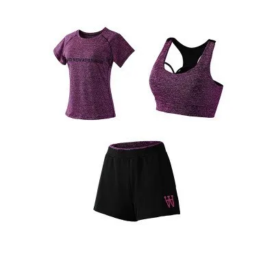 Purple shorts 3pcs 5 шт., женские наборы для тренировок, набор для йоги, одежда для бега, женская одежда из полиэстера, женская одежда для фитнеса, женская спортивная одежда с бюстгальтером - Цвет: Purple shorts 3pcs
