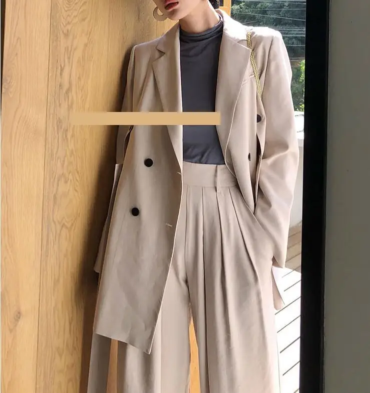 Женский комплект GetSpring с блейзером, широкие брюки, костюм в стиле casual из двух предметов, удлиненный пиджак с завязками, новинка г., большие размеры - Цвет: Apricot