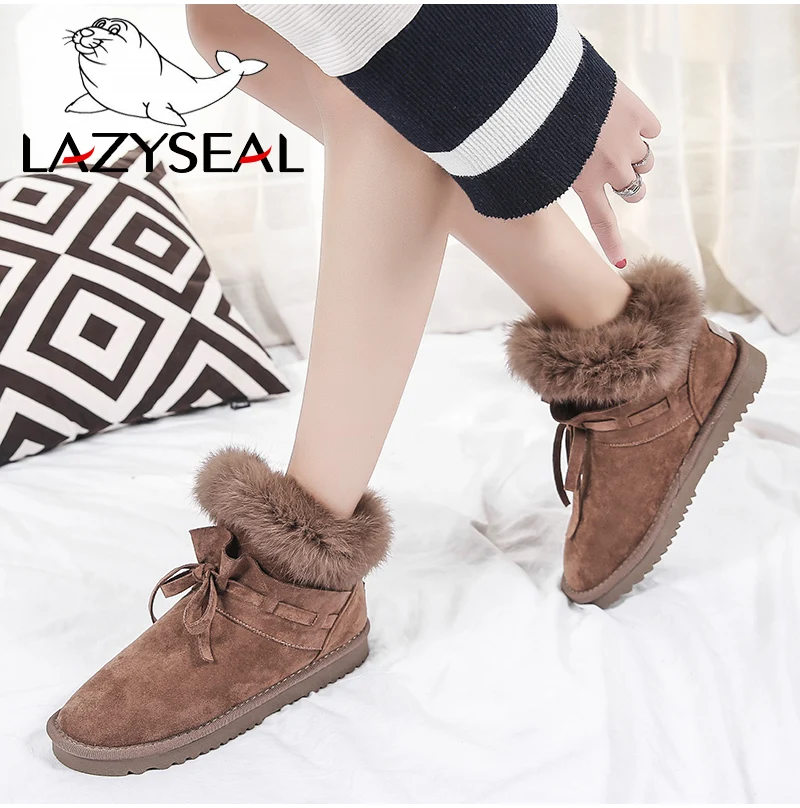 LazySeal обувь года; женские замшевые зимние ботинки с натуральным кроличьим мехом; женские Теплые ботильоны на платформе с плюшевой подкладкой со складками