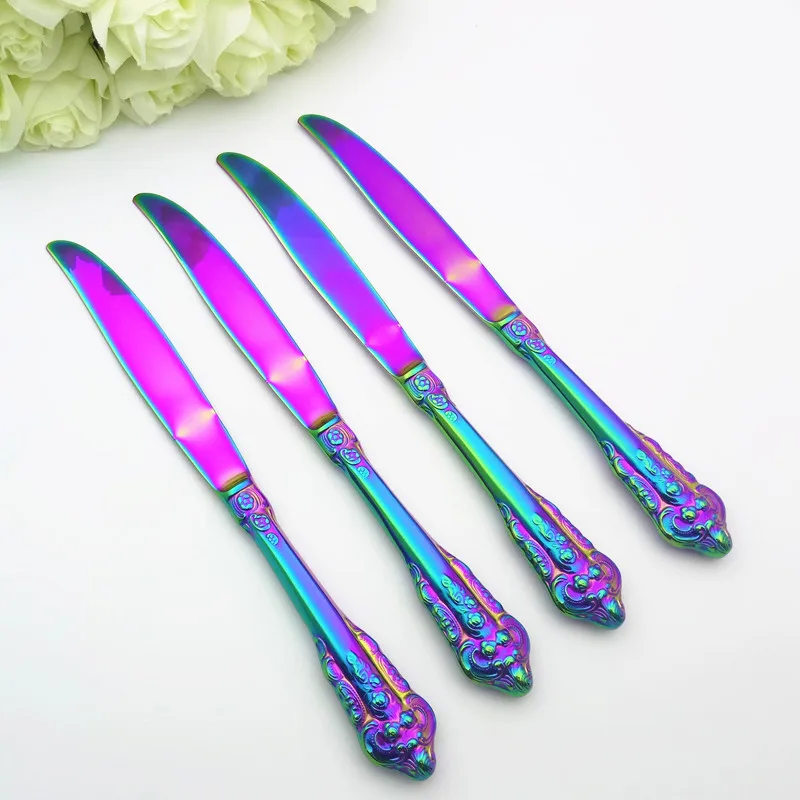 Нож для ужина из нержавеющей стали с резной ручкой и радугой столовые приборы в