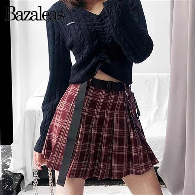 Женская уличная мини юбка Bazaleas красная плиссированная в стиле панк с боковыми