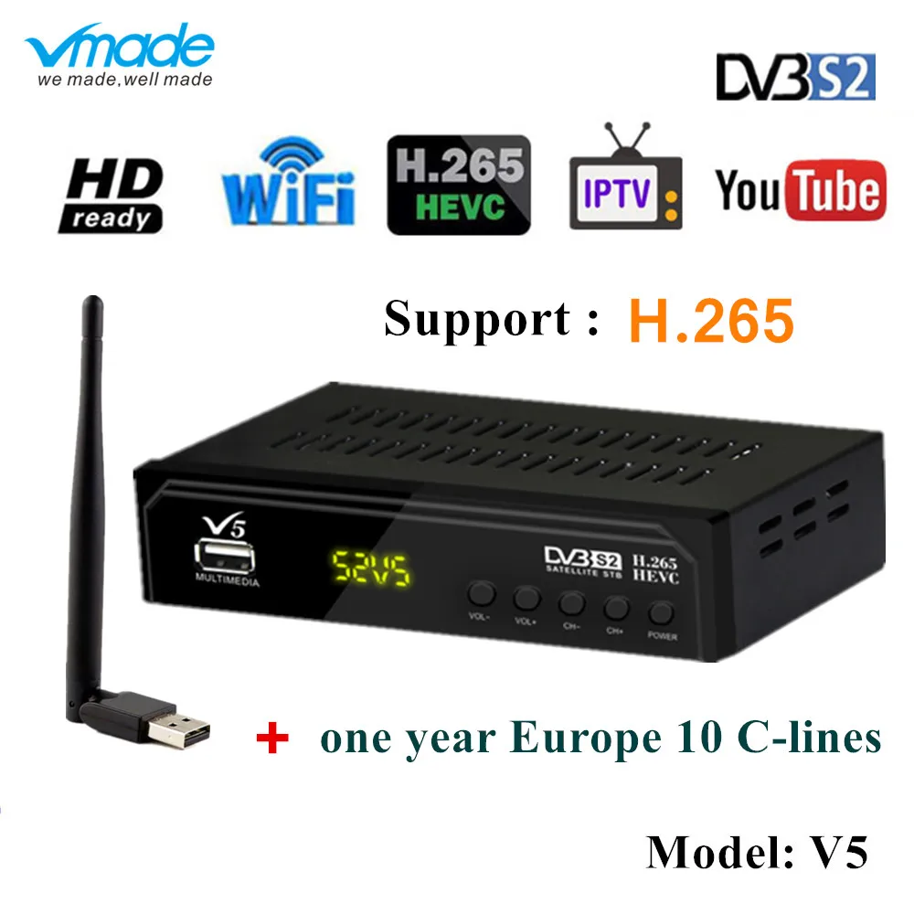 Vmade S2 V5 спутниковый ТВ приемник+ USB wifi+ 1 год Европа CCCAM поддержка H.265/HEVC YouTube CCCAM Biss ключ DVB S2 телеприставка