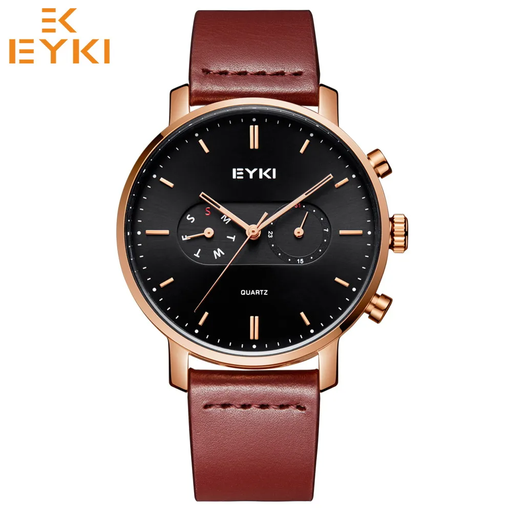 Coffee Black EYKI Топ бренд кварцевые мужские часы Мода Дата Неделя дисплей наручные часы кожаный ремешок водонепроницаемый мужской часы E1115L новое поступление - Цвет: Coffee Black