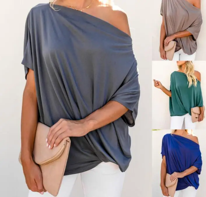 Women Summer T shirt 2022 Short Sleeve Sexy irregular Shoulder Bawting Sleeve Casual Loose Office Ladies Clothing Tops Tees