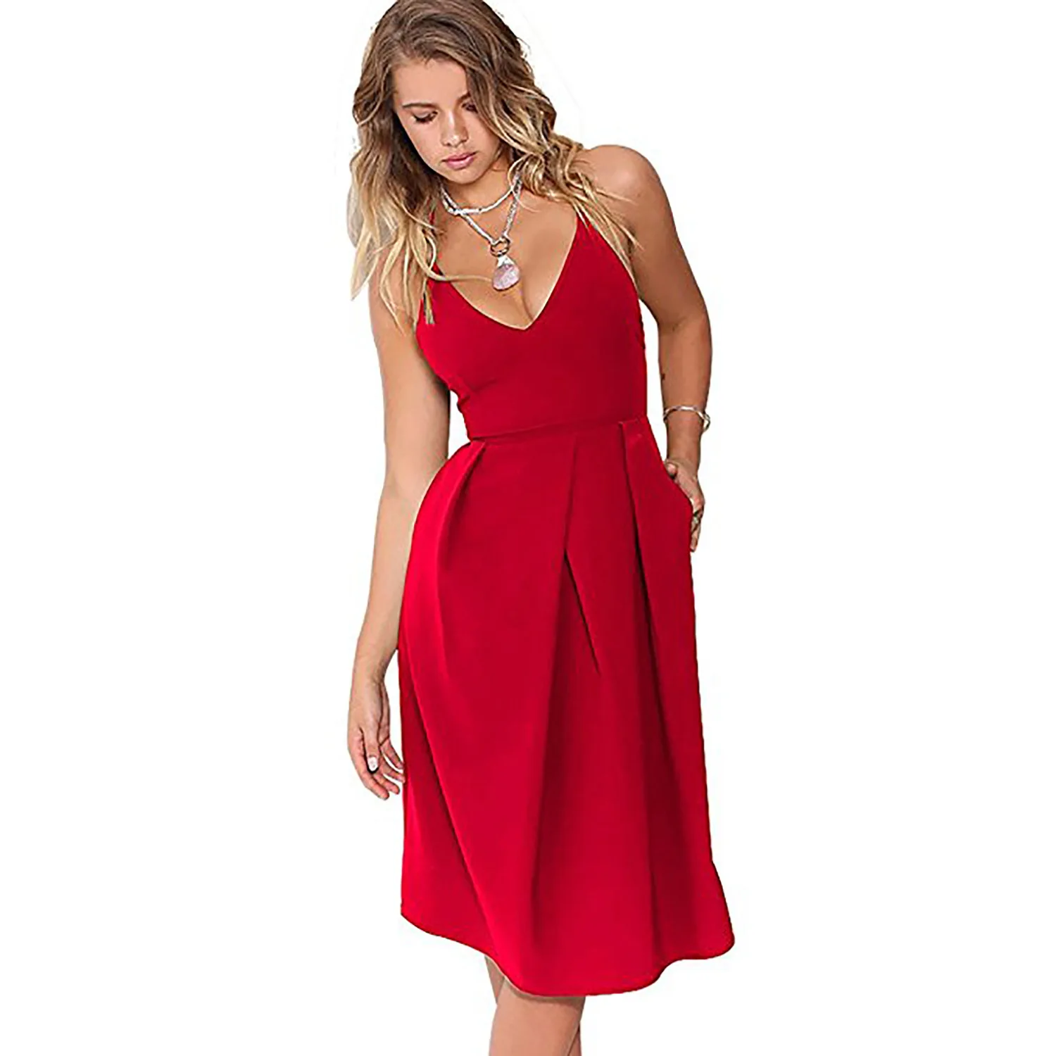 Autumn Hot Lady's Backless Sling Pure Colour V-Neck Dress