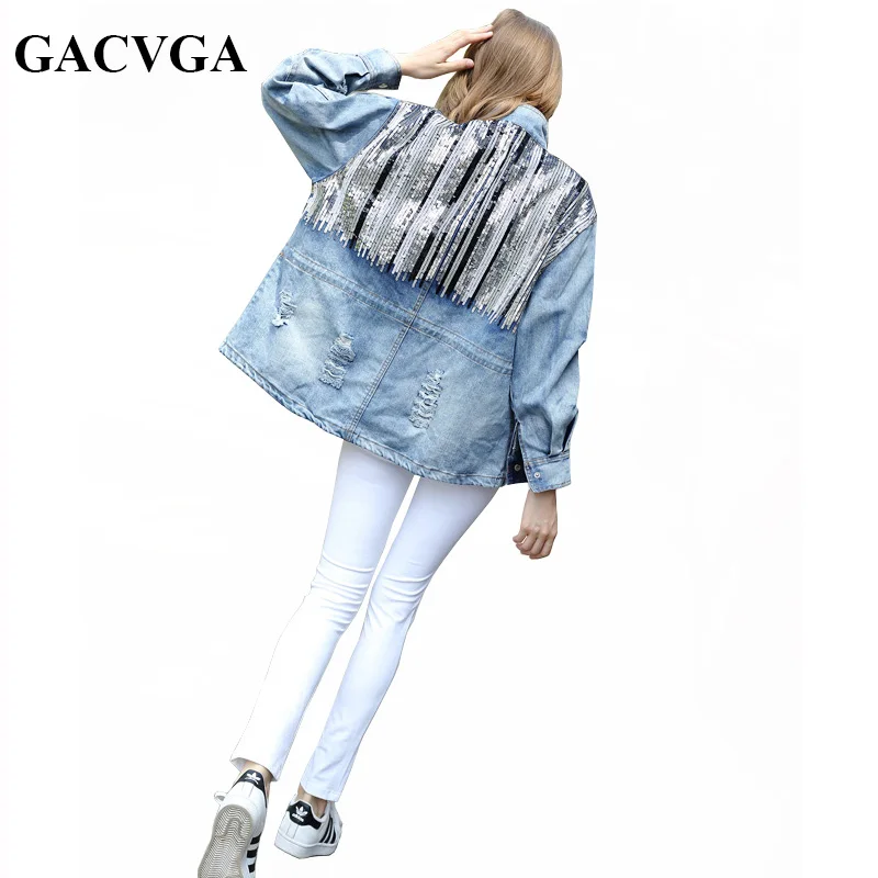 Женская джинсовая куртка с блестками GACVGA бомбер длинными рукавами винтажные