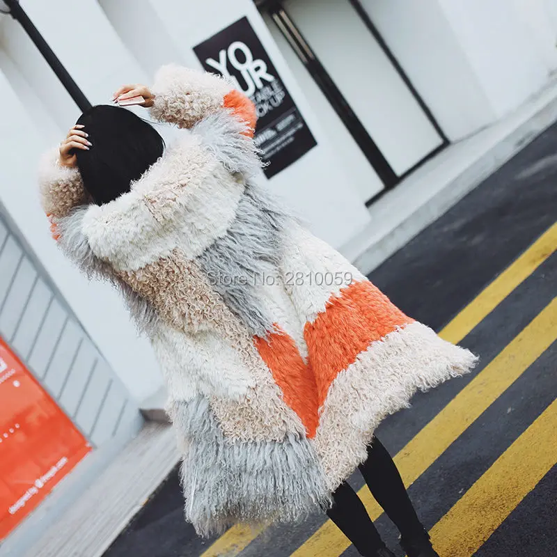 J0054 2017 Runway Show New Fashion Design Sheep Real Fur Coat Women winter Genuine Mongolian Lamb Rabbit fur | Женская одежда