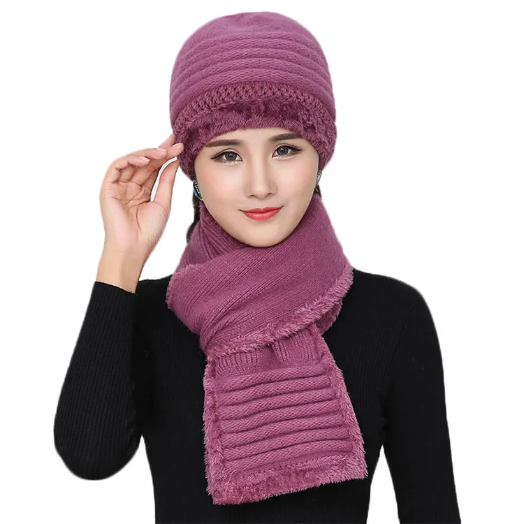 purple Новинка, зимняя женская шапка из кроличьего меха, шарф, набор, теплые шерстяные вязаные плюшевые шарфы, 2 шт., вязаная шапка, шапка для мамы, подарки, крученая флисовая шаль - Цвет: purple