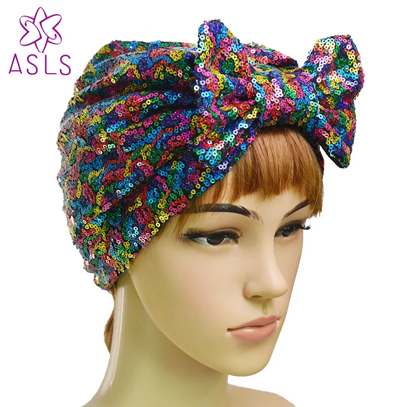 

New Elegant Women Butterfly bow Sequins headscarf wrap head turban soft knotted turban Beanie Cap Turbante for Ladies