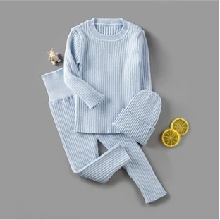 blue 3pcs 3 шт./компл. Демисезонный Зимняя одежда для маленькой девочки, вязаный свитер в рубчик, Свитера для мальчиков брюки Шапки Детская одежда От 0 до 2 лет 043 - Цвет: blue 3pcs