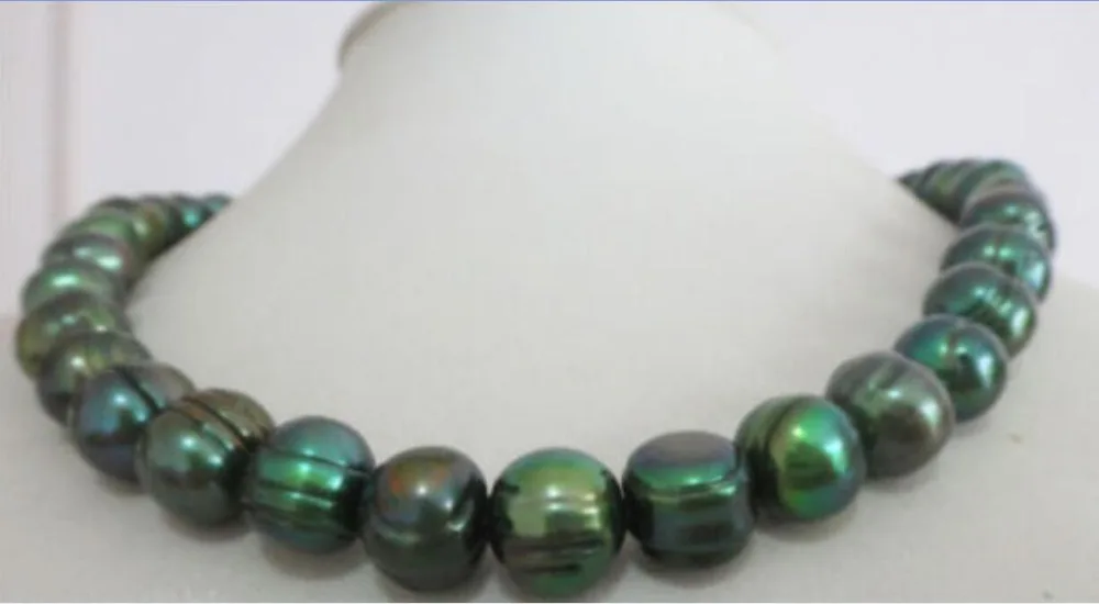 

2017 natural 11-12mm tahitian baroque peacock green pearl necklace 18" YELLOW