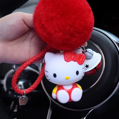 Милый мультяшный брелок hello kitty из кроличьего меха с помпонами, помпонами, брелок для женщин с кожаным ремешком, металлическое кольцо для ключей, цепочка для автомобильных сумок, брелок D35B - Цвет: 9