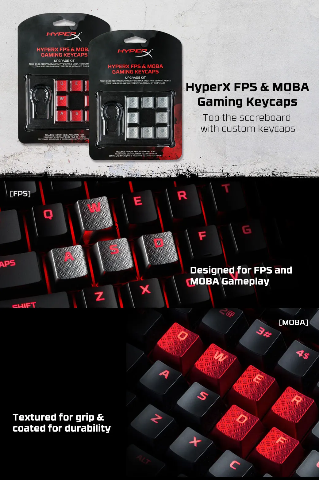 HyperX FPS MOBA Gaming Keycaps текстурированные для тактильного захвата и с покрытием для долговечных брелоков для FPS и MOBA setups