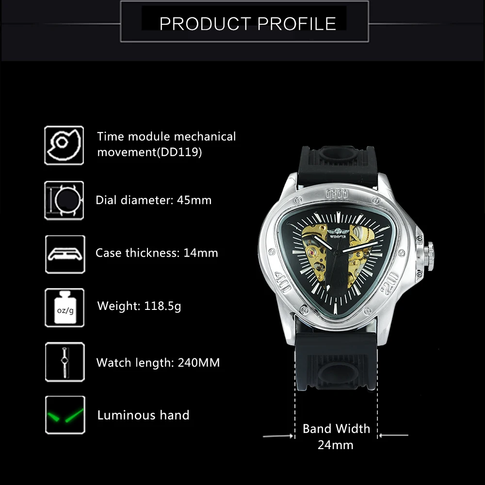 WINNER модные спортивные автоматические механические часы для мужчин резиновый