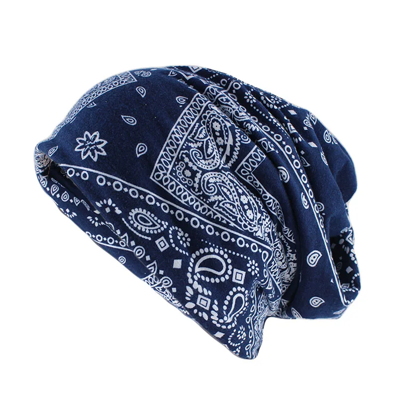 Новые модные женские осенние вязаные шапки Skullies, Дамский шарф, двойная Повседневная хлопковая шапка, теплые винтажные шапки, брендовые шапки Gorras - Цвет: Синий