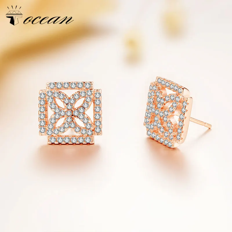 Tocean Rose Gold Color Square Cute Flower Jewelry Wedding Stud Earrings for Women AAA Zircon Engagement Accessories Gift EM114 | Украшения