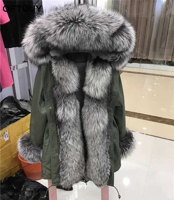 green coat sliver OFTBUY, длинная камуфляжная зимняя куртка, пальто, женская верхняя одежда, теплая Толстая парка, натуральный Лисий мех, воротник, пальто с капюшоном, Украина - Цвет: green coat sliver