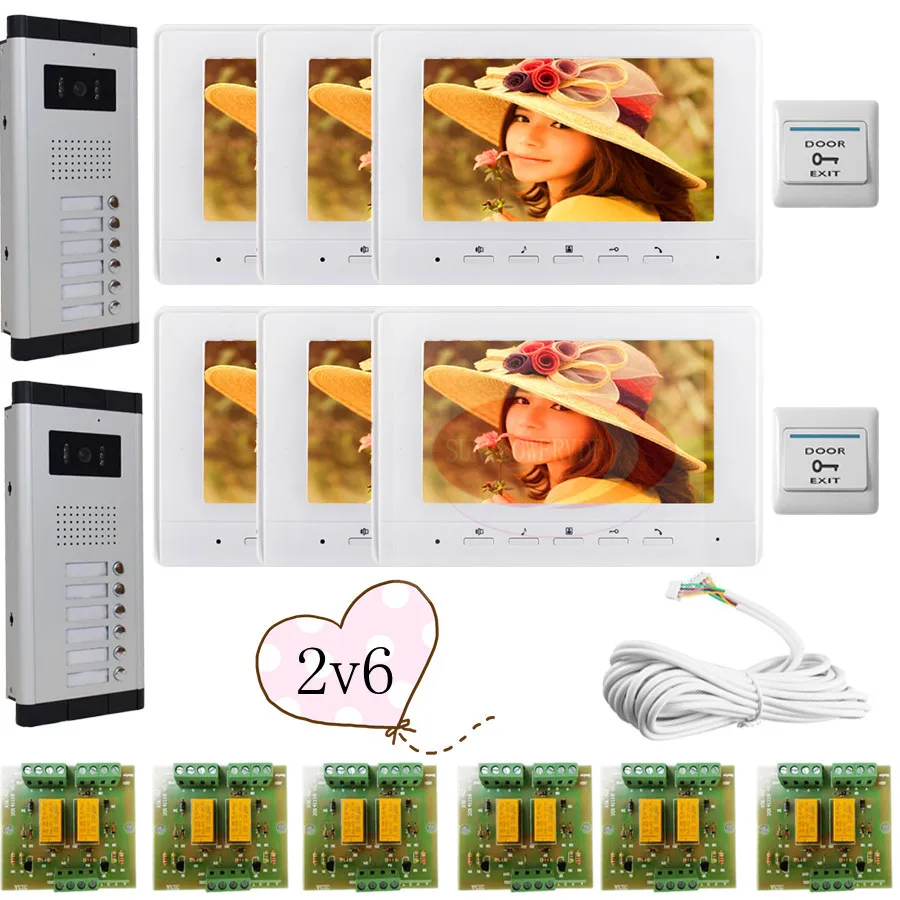 

2 Doors 6 Buttons Infared CCD Camera Color 7" HD 700lines Video Door Phone Intercom Doorbell 6 Monitors In Stock!