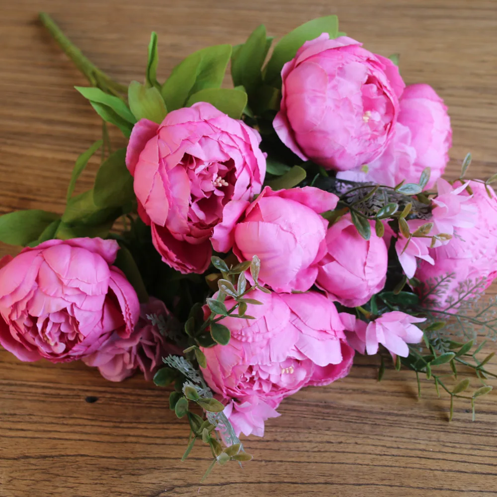 rose Яркие шелковые цветы букет Искусственные осенние пионы с поддельным листом Свадебные вечерние украшения H otel Один Букет европейский стиль - Цвет: rose