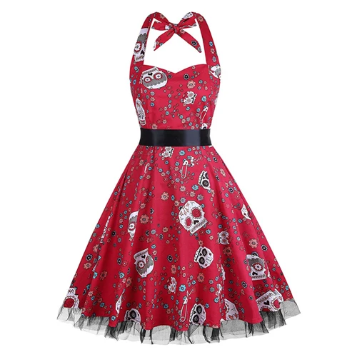Red Skulls MISSJOY летняя блузка на бретелях платье ананаса женское Цветочное платье в горошек с принтом Сетчатое кружевное в стиле пэчворк Повседневные Вечерние рокабилли миди платье - Цвет: Red Skulls