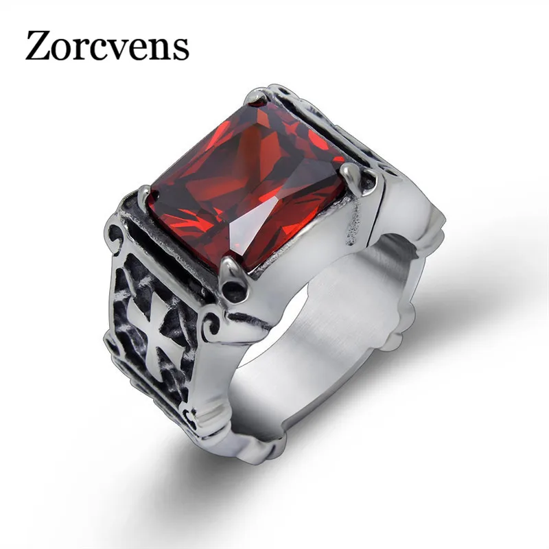 ZORCVENS Новое мужское большое кольцо с красным камнем крест из нержавеющей стали