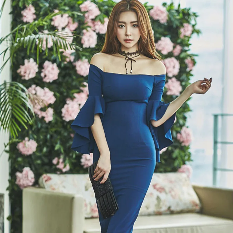 Модные летние Стиль женское платье Элегантное синее с вырезом лодочкой
