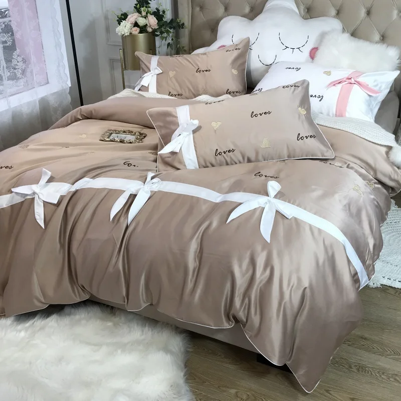 Роскошный белый розовый серый синий фиолетовый любовь вышивка шелк хлопок принцесса набор постельных принадлежностей для девочек лук пододеяльник простыня наволочки