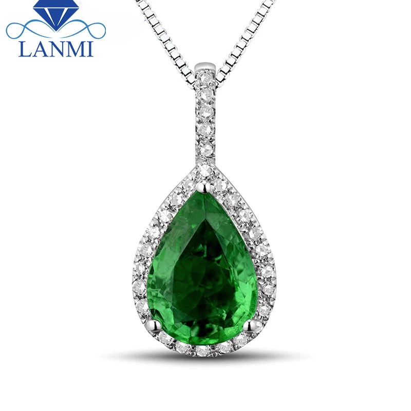 

LANMI Pendant Gorgeous Pear Cut Gem Natural Green Emerald With Brilliant Dia In Solid 18Kt White Gold Women Pendant Necklace