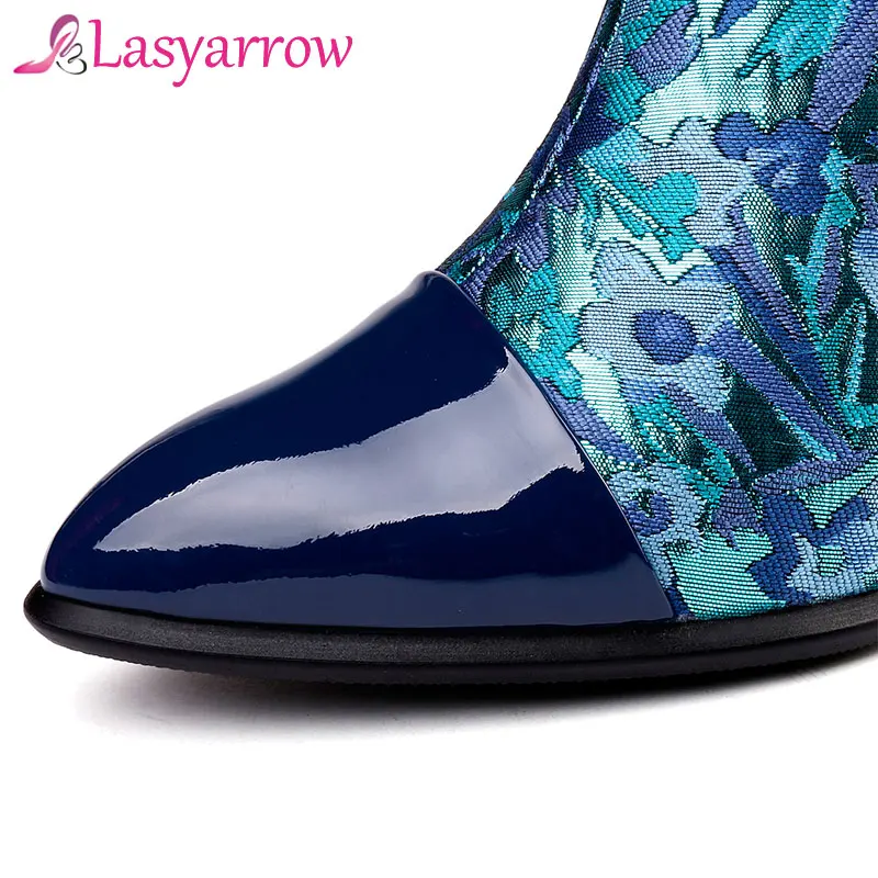 

Lasyarrow Patent Leather Pointed Toe Half Boots Printing Satin Mid Calf Boots Thick High Heels Knight Boots Sapatos Mujer Women