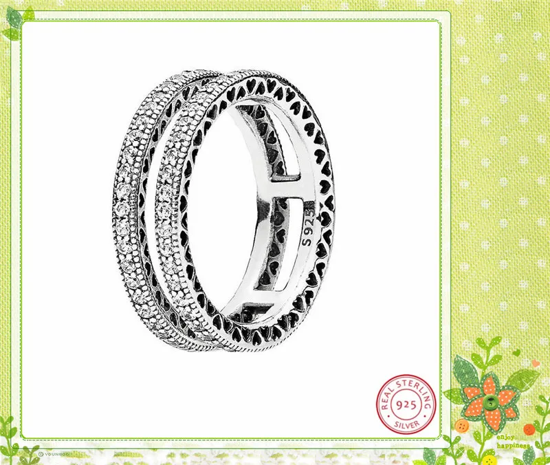 Ручная работа 925 пробы серебряные массивные кольца для женщин Fine Jewelry двойной прозрачный украшенное фианитами линии вырезанные сердца FLR142