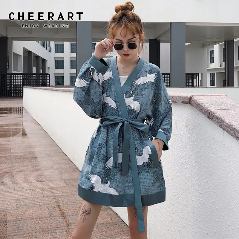 Cheerart японское кимоно кардиган журавль принт длинные на шнуровке блузки для