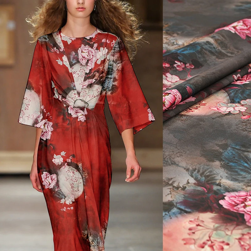 137 см 13 мм большой цветочный принт тонкий красный серый Шелковый крепдешин ткань