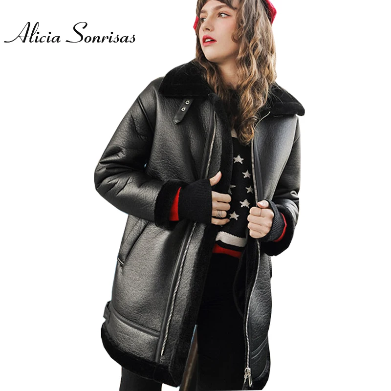 Faux Sheepskin Shearling Coat Winter Women Fur Long Lamb Thick Long Sleeve Warm Beige Black Biker Sheepskin Coats AS3708