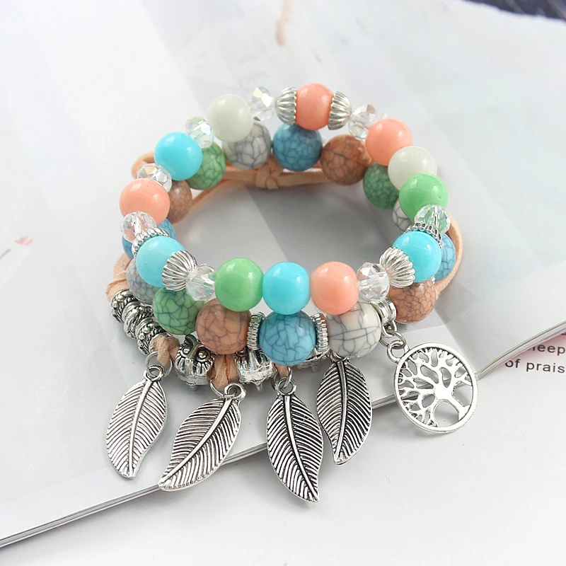 Natural Pattern bead Bracelet Multiple circles DIY Colorful Stone pattern crystal Bead Silver leaf Owl 3D carve Jewelry gifts | Украшения и
