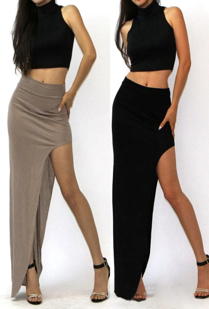 Женская длинная юбка с разрезом сбоку цвета хаки/черный|long maxi skirt|fashion long skirtfashion