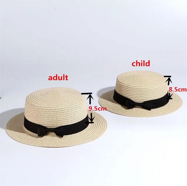 Simple Summer Parent-child Beach Hat Female Flat Brim Bowknot Straw cap girls Sun Hat 3