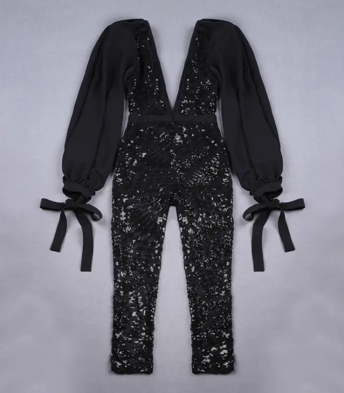 

New Fashion Slim Sexy Women Bandage Jumpsuit Black Sequined Ankle-Length Pants Evening Club Party Bodysuit Rompers Pencil Pants