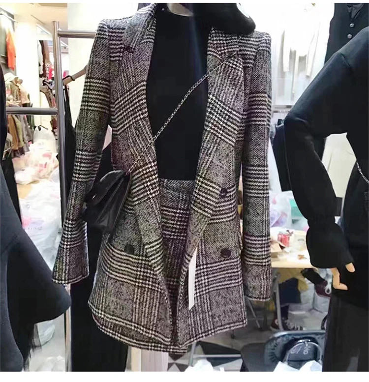 Женский костюм в клетку с длинным рукавом и отложным воротником|set women|set fashiontwo set |