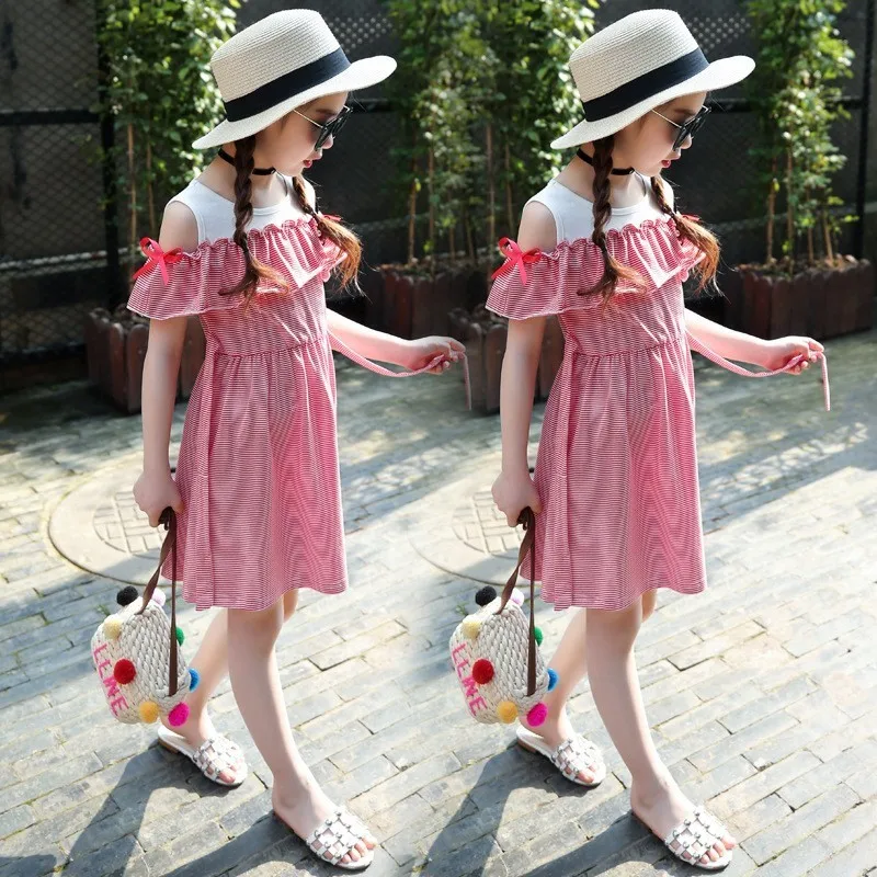 striped patchwork little baby girl dress summer 2018 ruffles off shoulder cotton children dresses princess clothing |