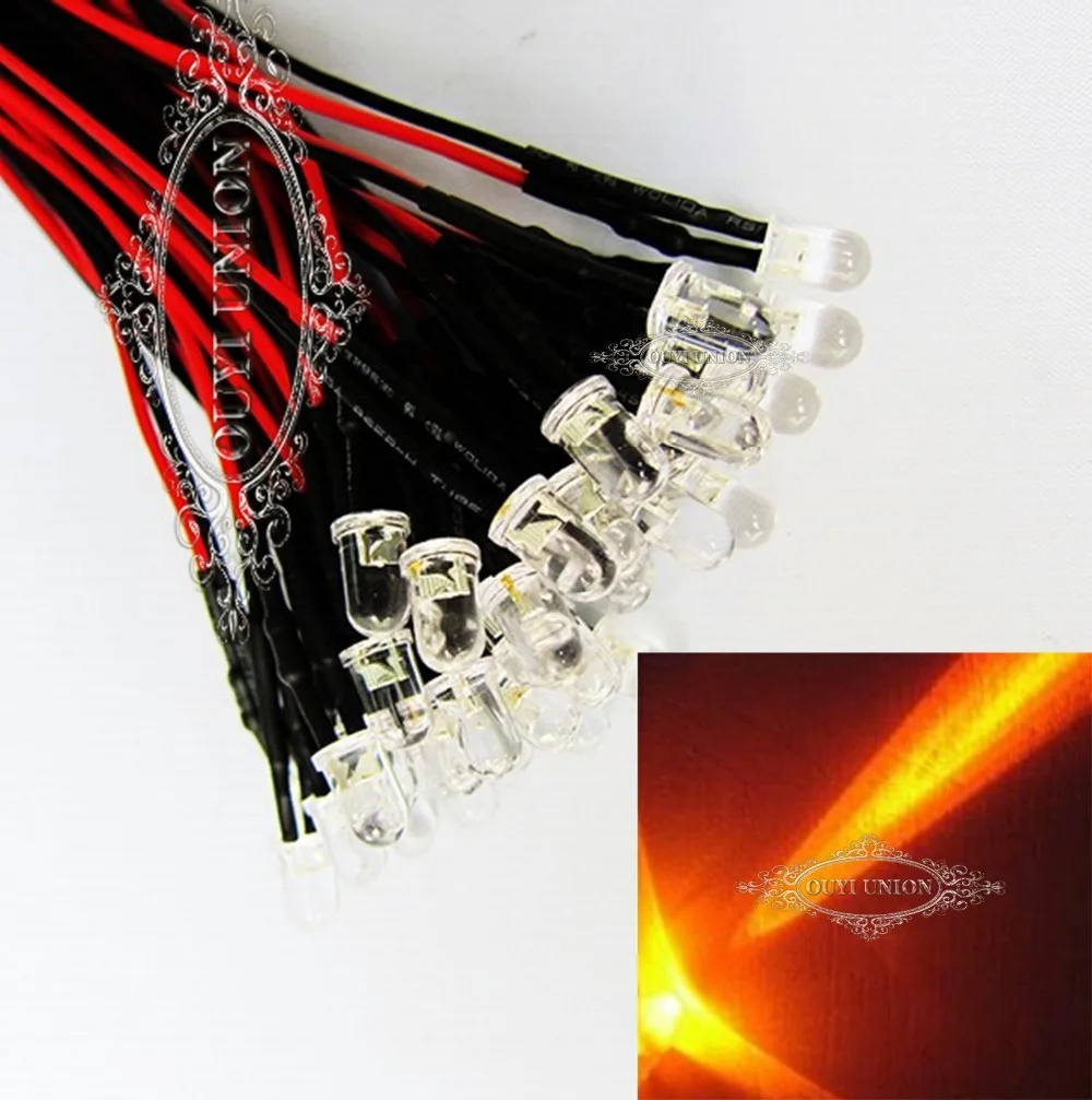 Wholesale Yellow Pre Wired 3mm Bright LEDs 20cm Prewired 12V Lamp Light 25 Degree 50PCS | Электронные компоненты и
